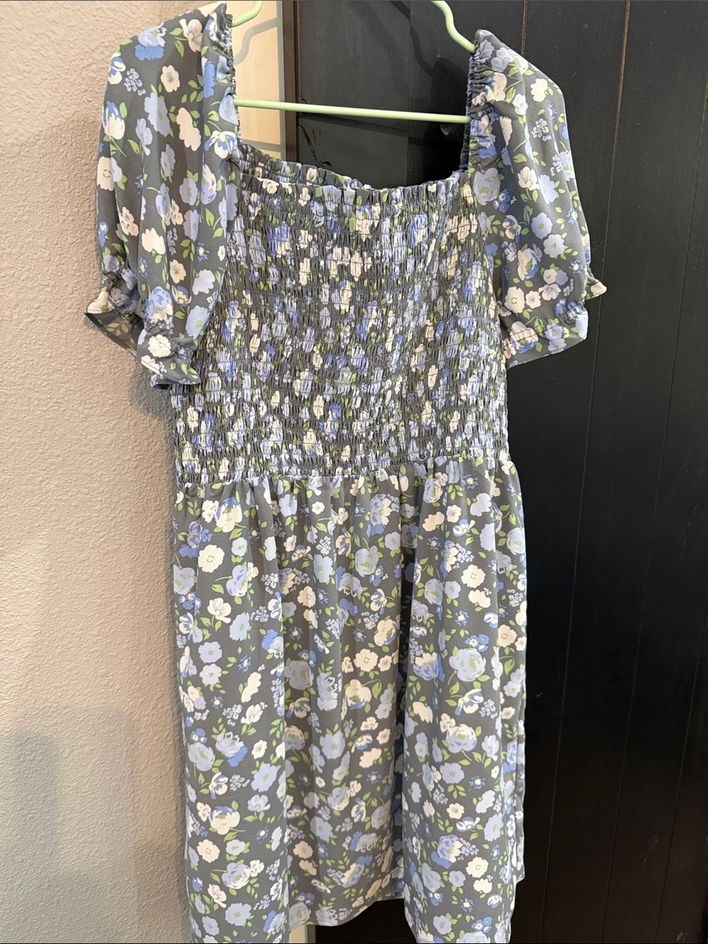 LOFT Gray Floral Smocked Sundress with Blue and White Flowers